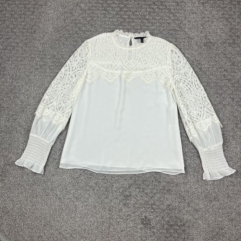 White House Black Market Blouse Womens 8 White Lace Mock Neck Long Romantic